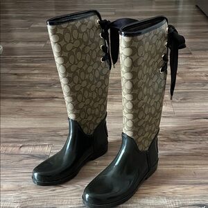Coach Signature Pattern Knee-High Rain Boots - Dark Brown and Tan